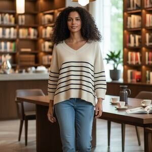 Weekend Max Mara Leva Cashmere Sweater Ecru Navy Stripe Oversized V Neck M NWOT